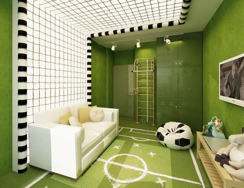 Bir çocuk için kreş katta bir futbol sahası ile halı
