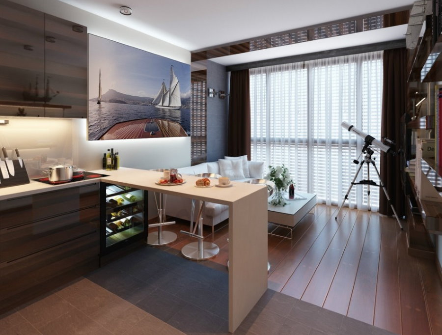 İki odalı bir dairede mutfak-oturma odası