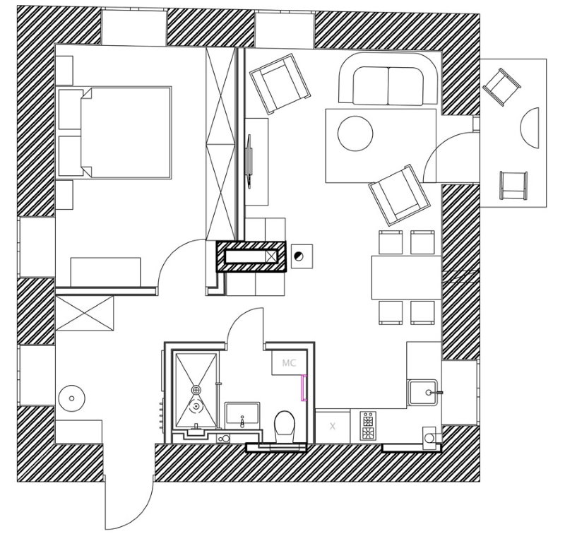 42 metrekarelik iki odalı bir daire planı