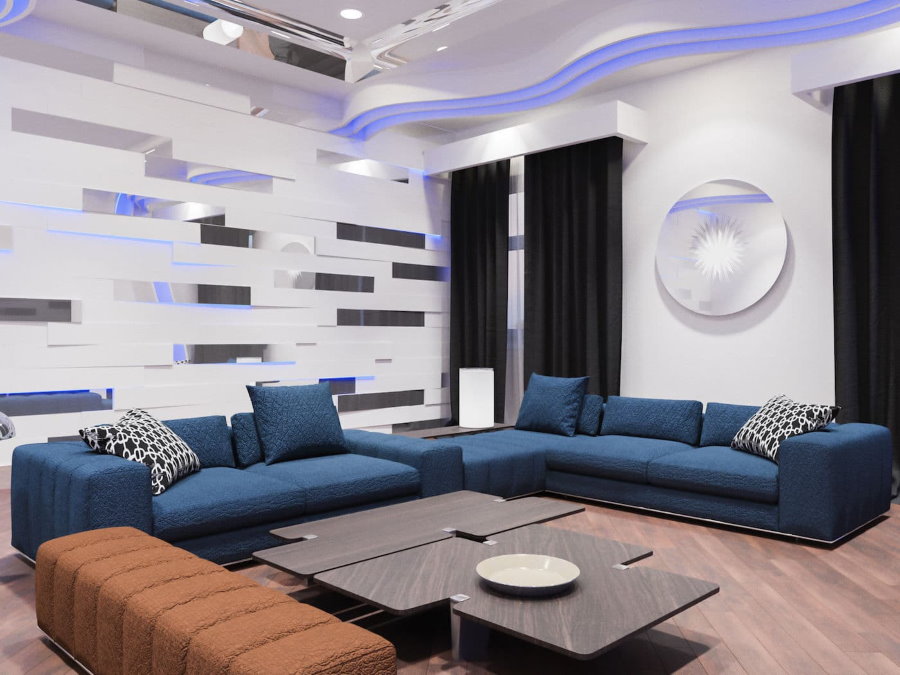 Mavi kanepeli yüksek teknoloji ürünü salon