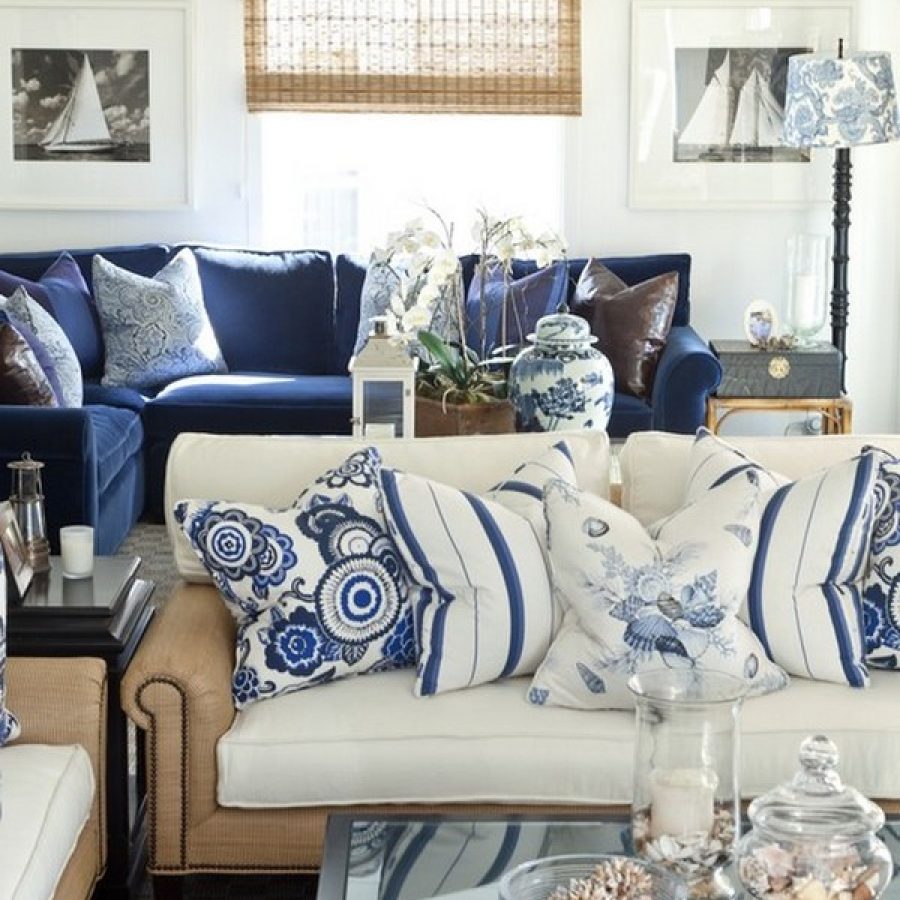 Mavi ve beyaz deniz tarzı oturma odası mobilya