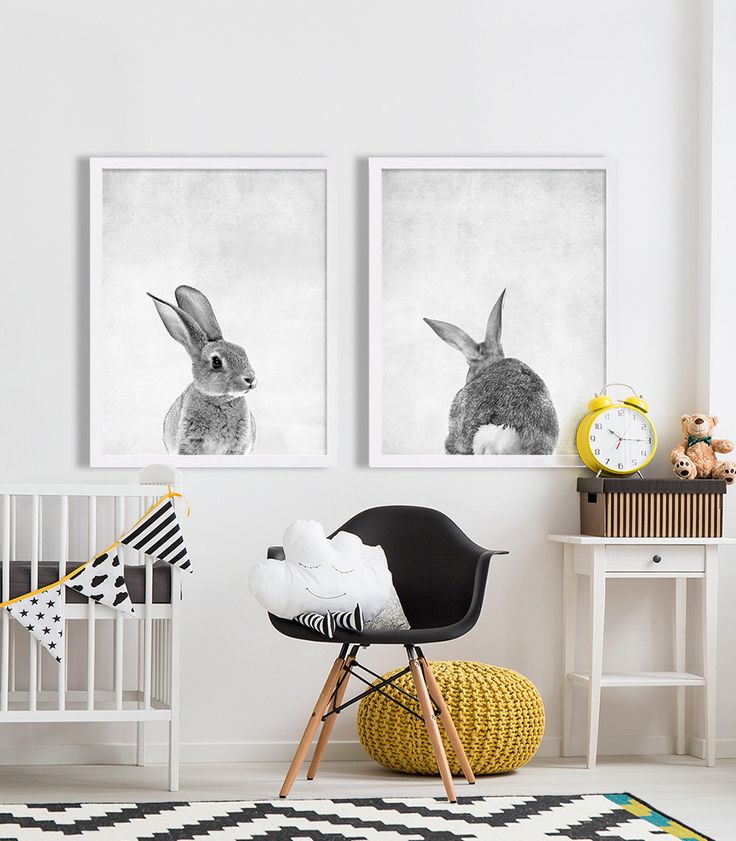Çocuk odasında siyah beyaz posterler üzerinde tavşan