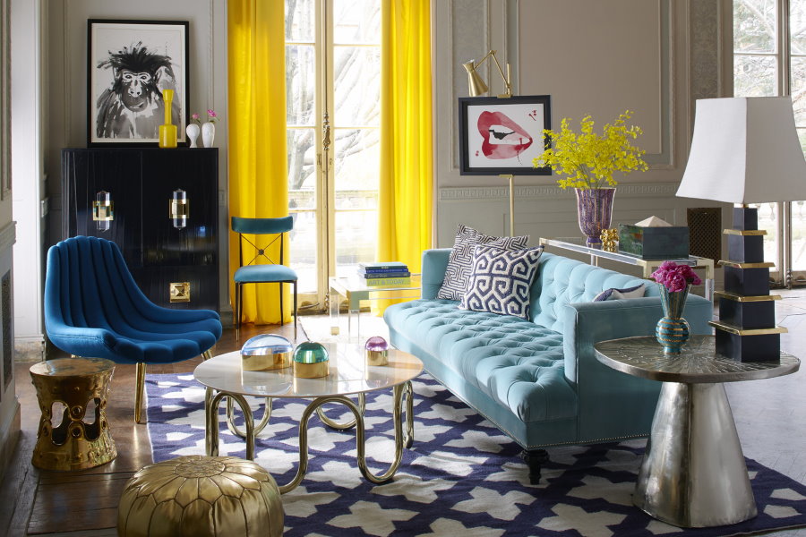Yellow curtains in the living room of a country house