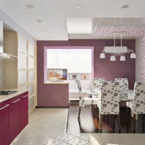 purple wallpaper in the interior of the kitchen