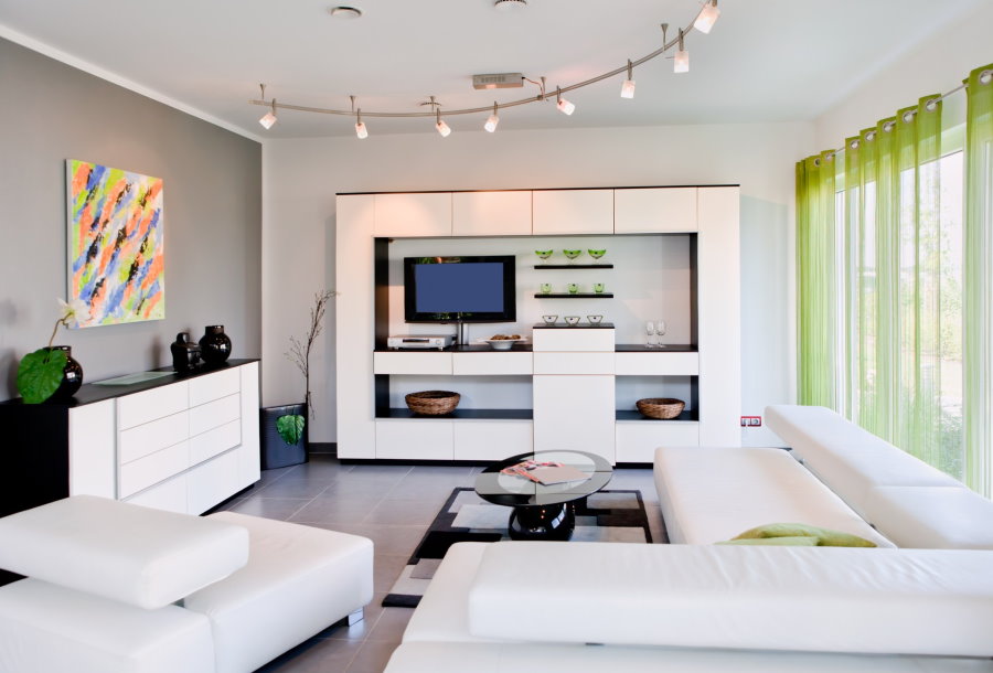 Glossy white wall in a high-tech living room