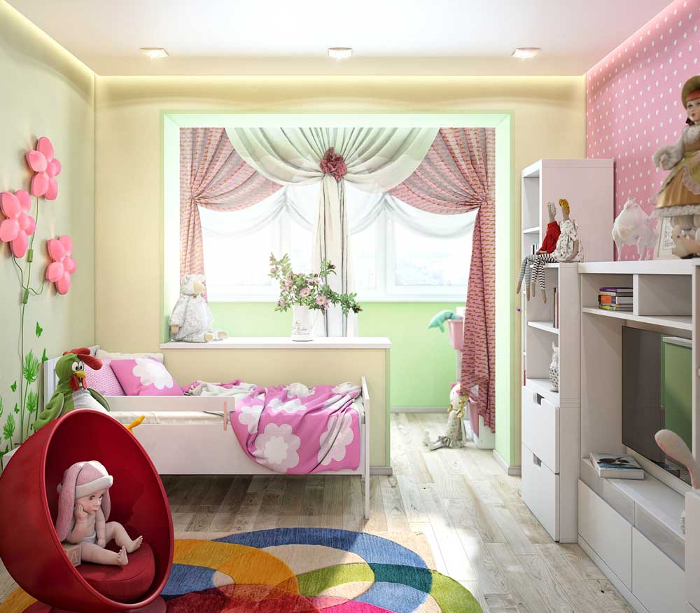 Diseño de una habitación infantil con balcón.