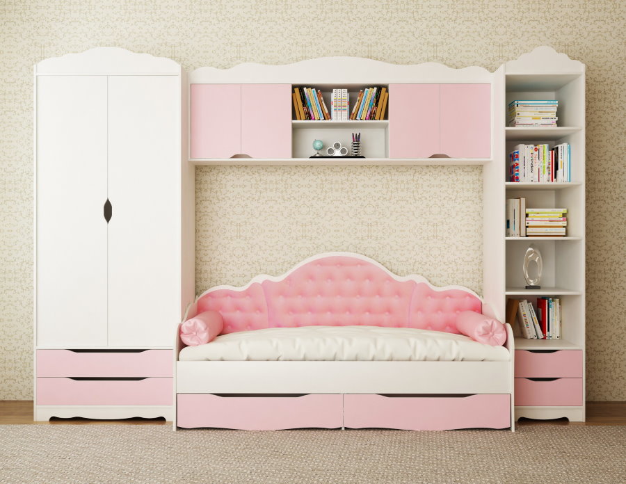 Wall with a bed for a girl’s bedroom