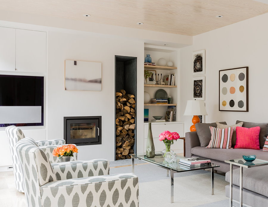 Firewood in the interior of a Scandinavian-style living room