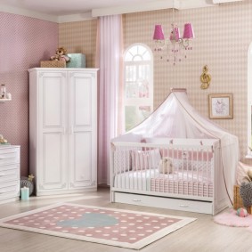 The combination of wallpaper with white furniture in the children's room