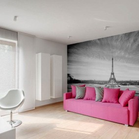 Pink sofa in the living room with photo wallpaper