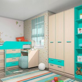 High children's bed with a chest of drawers below
