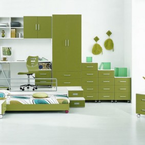 Green furniture in a white room