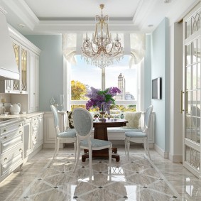 Glossy floor in neoclassical kitchen