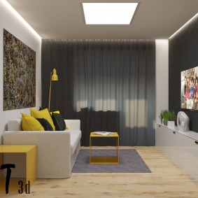 Yellow accents in a gray living room interior