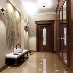 Wooden doors in the corridor with ceramic floor