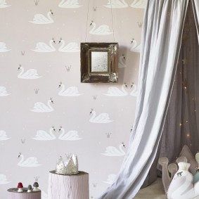 White swans on children's wallpaper