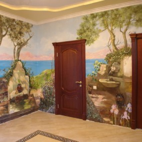 Wallpaper with photo printing in a spacious corridor
