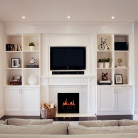Built-in shelving in a white room