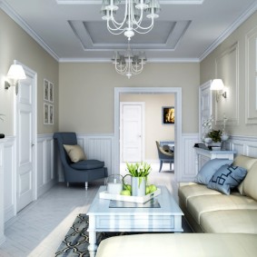 Šaura dzīvojamā istaba modernā stilā