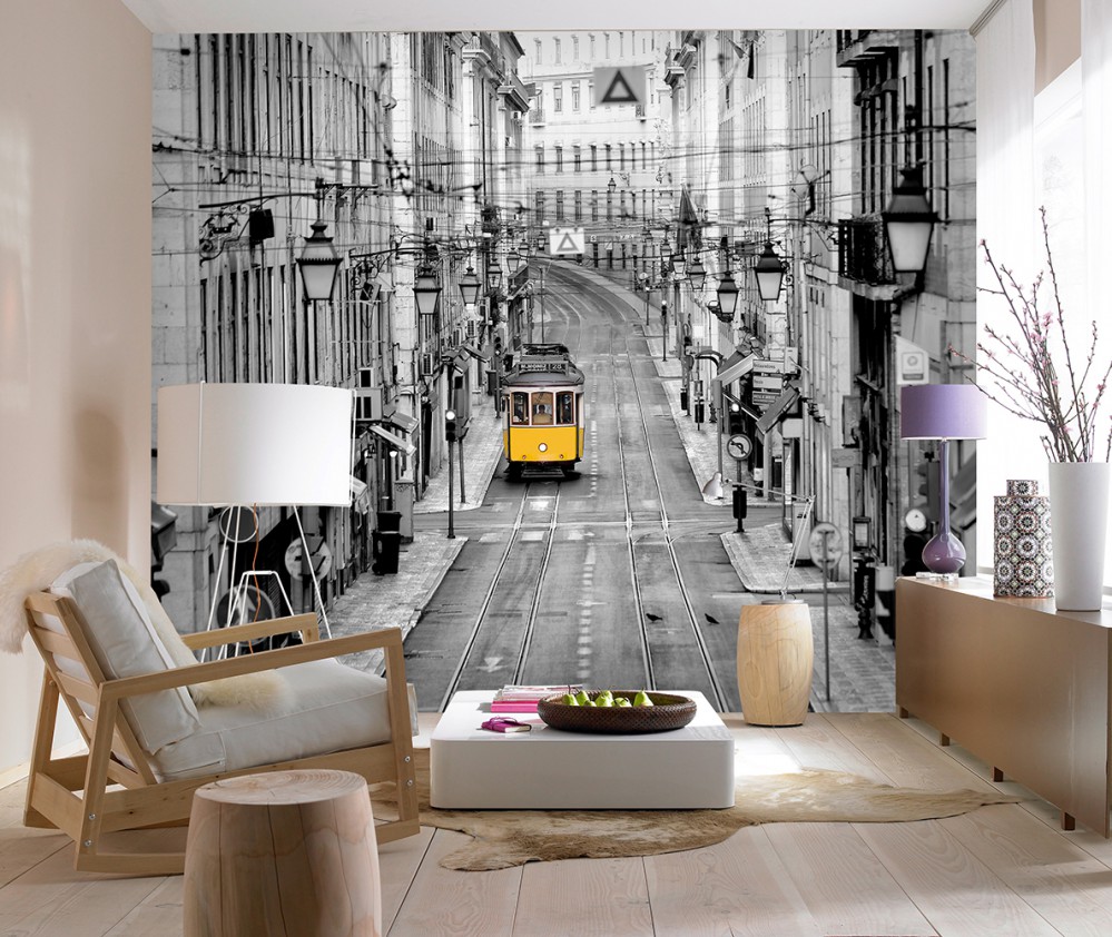 3D tapetes ar pilsētas fotoattēlu drukāšanu uz viesistabas sienas