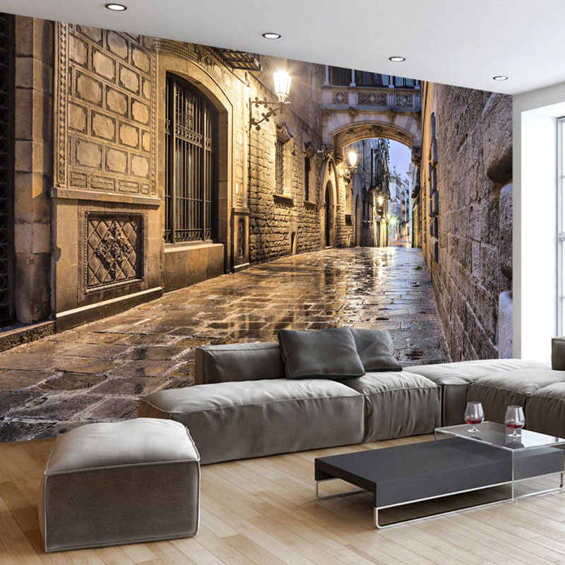 Giấy dán tường phong cách với phối cảnh trong phòng khách.