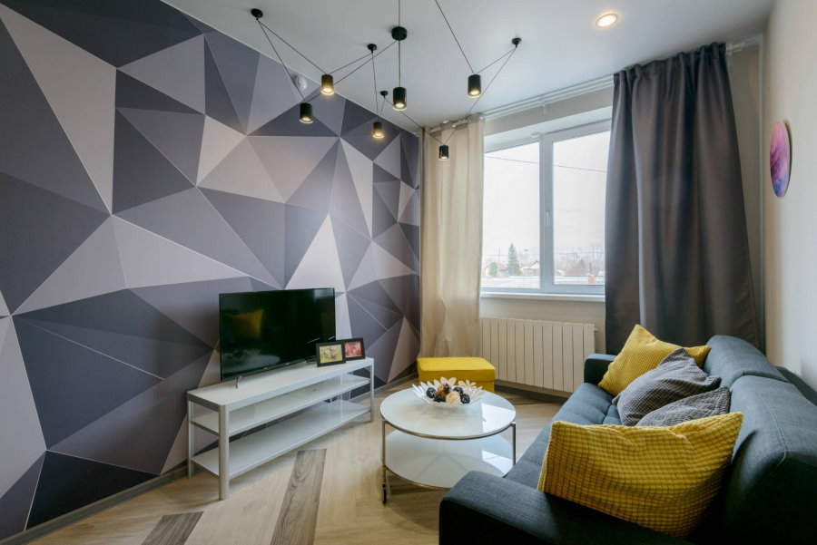 Geometric wallpaper in the living room without a balcony