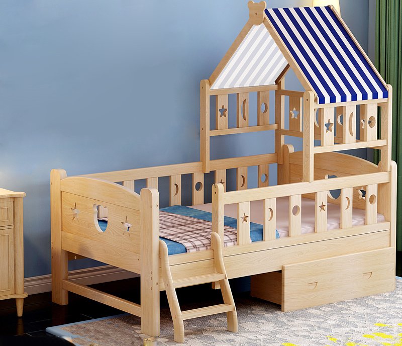 Children's wooden crib with a railing