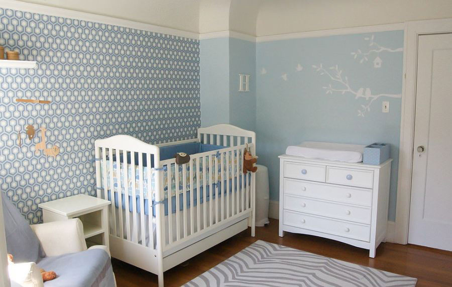 Small print on blue wallpaper in the nursery