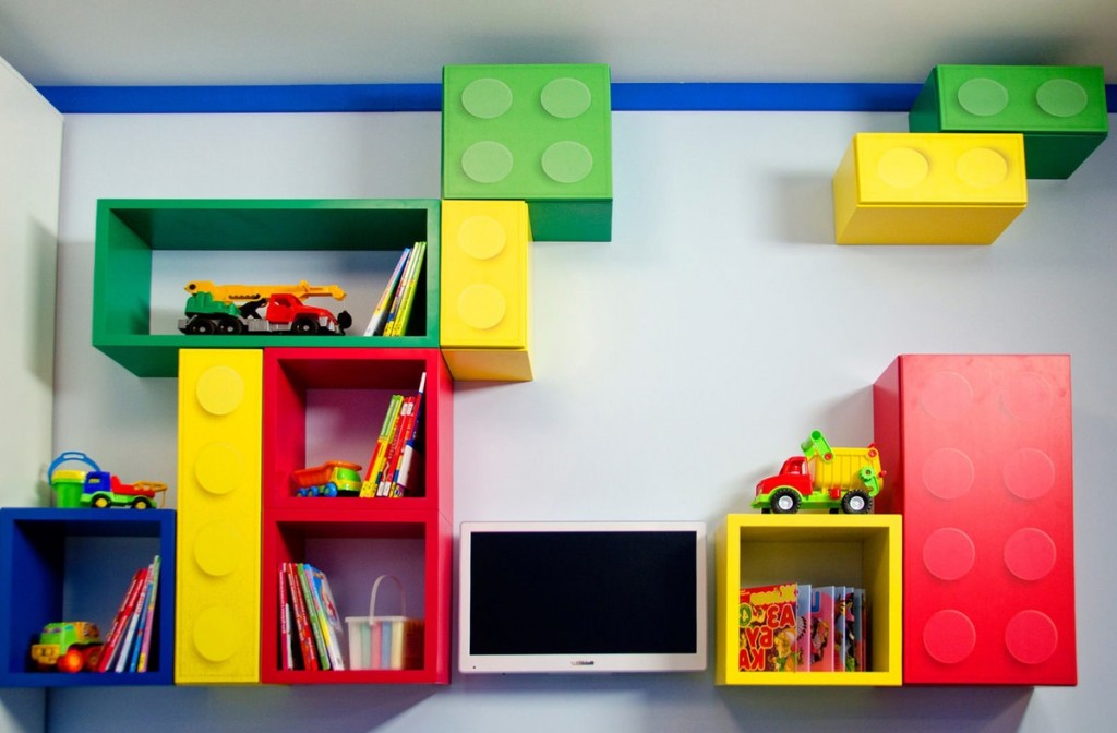 Bright modular shelves on the wall of the children's room