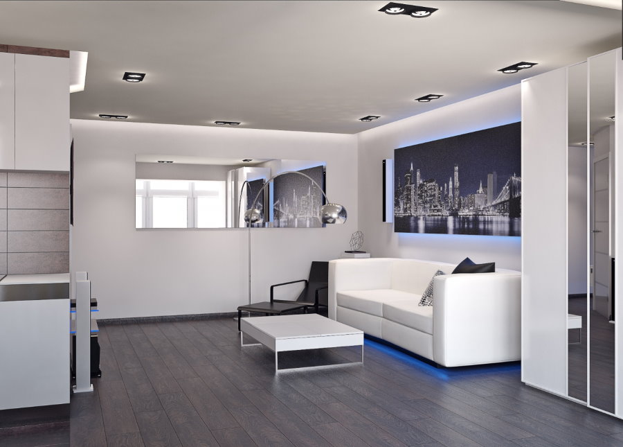 Living area of ​​a high-tech studio apartment