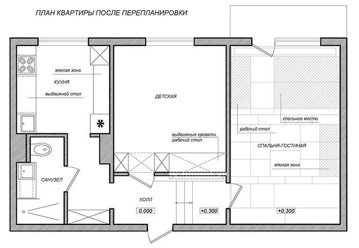 תוכנית לדירה בת שני חדרים לאחר פיתוח מחדש