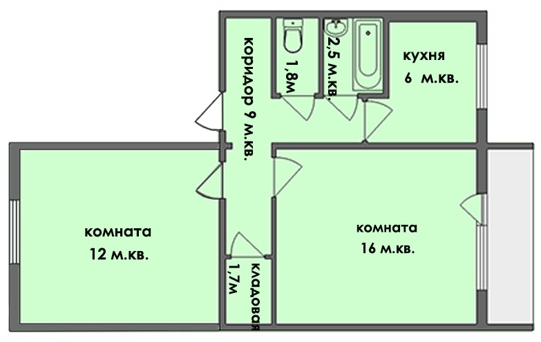סכמה של brezhnevka של 2 חדרים עם מטבח קטן