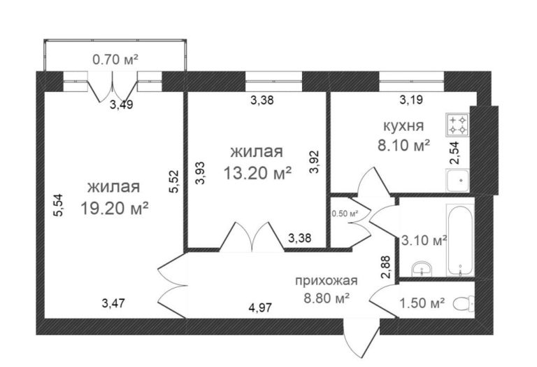 Divu istabu stalinka shēma baltu ķieģeļu mājā