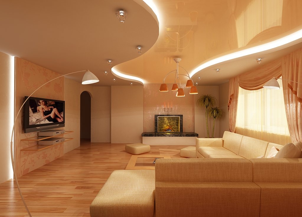 Beige stretch ceiling with backlight