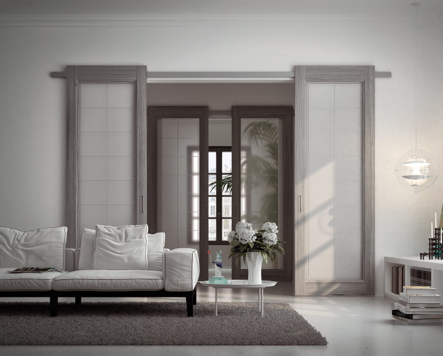 Sliding doors in the interior of a spacious living room