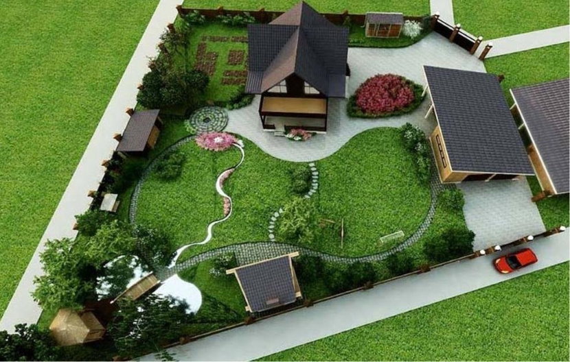 Arka planda bir ev ile 10 hektarlık bir arsa tasarım projesi