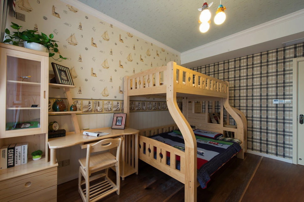 Different wallpapers in a room with a bunk bed