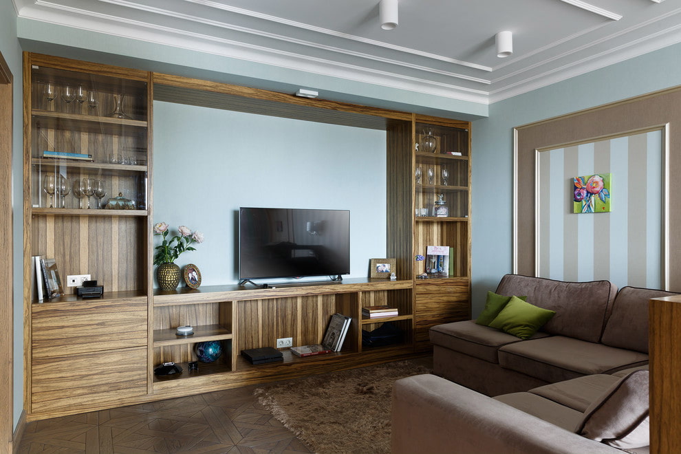 Solid wood wall in the living room interior