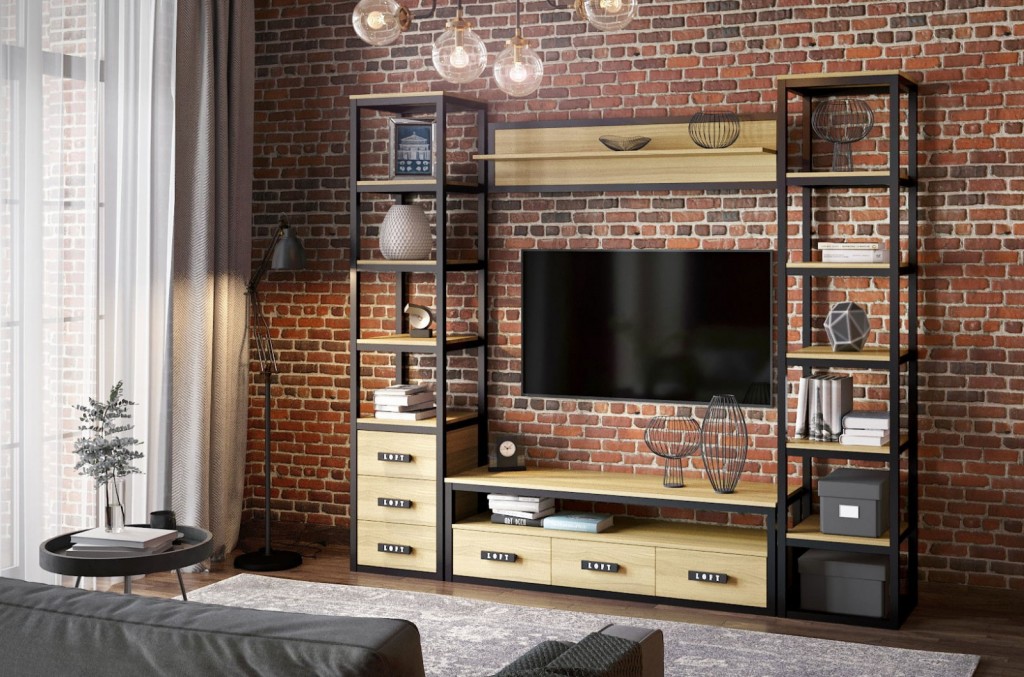 Compact loft-style living room wall