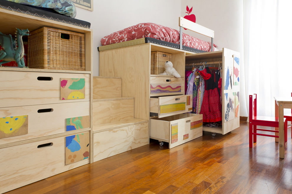 Modular plywood furniture in a children's room